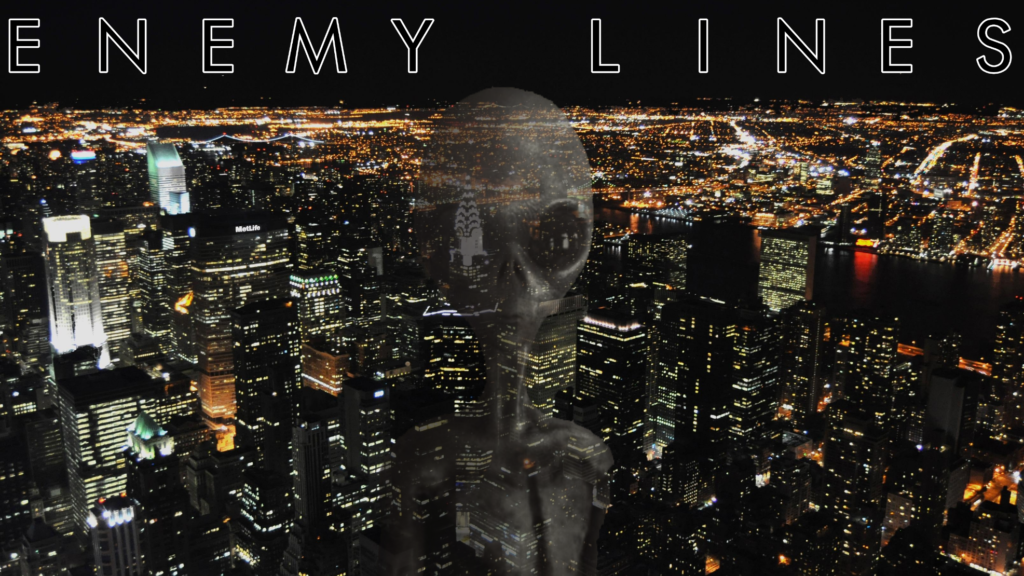 Enemy Lines Cover: alien face hovers over New York City skyline at night.